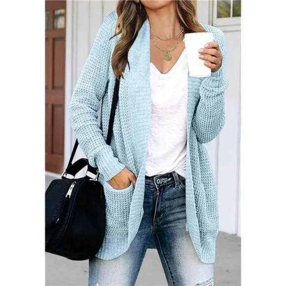 Women's Long Sleeve Draped Cardigan - Loose Fit Open Front Chunky Knit Sweater With Pockets - View #5
